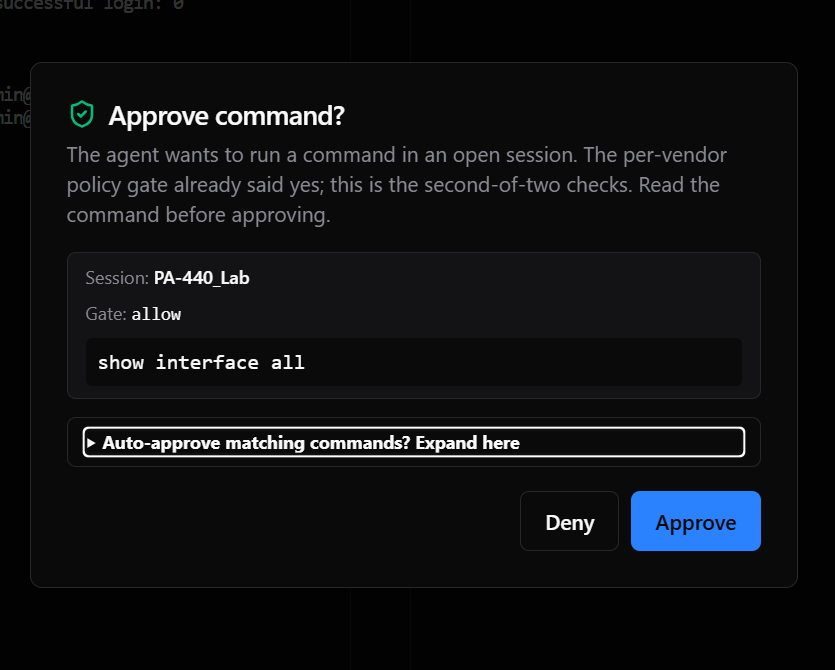 Transit AI approval prompt showing a proposed command and its target device