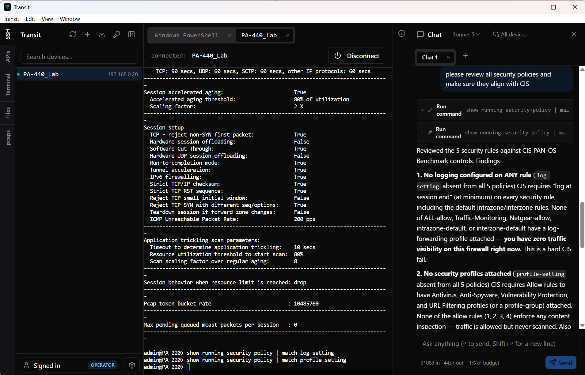 Transit AI security review output mapping firewall policy findings to the CIS benchmark